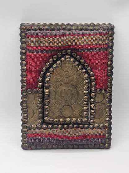 Vtg Indian Handmade Hand Stitched Jharokha Brass Wood Fabric Wall Mirror 