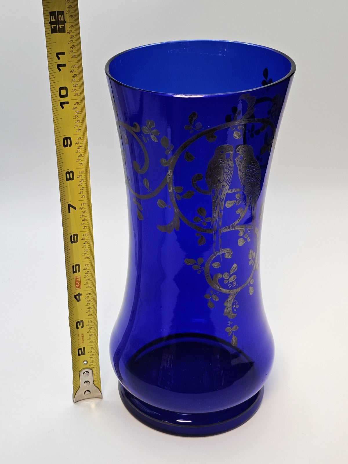 Vtg Czech Cobalt Blue Art Glass Vase With Silver Overlay Parrots Birds 11 " Tall