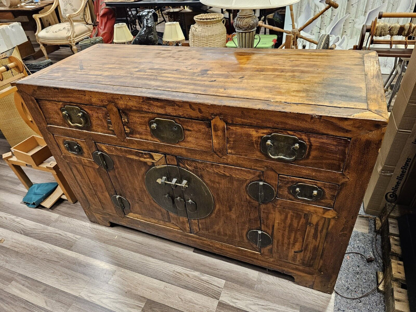 Antique 19th Century Asian Chinoiserie Style Sideboard Cabinet Chest