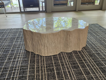 Fossilized Clam Shell Coffee Table On Cast Natural Tree Trunk Base By Camilla