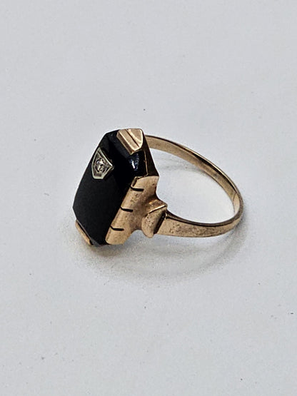 Vtg 10K Yellow Gold Black Onyx Diamond? Clear Stone Ring Size 8 Hallmarked 2.7 G