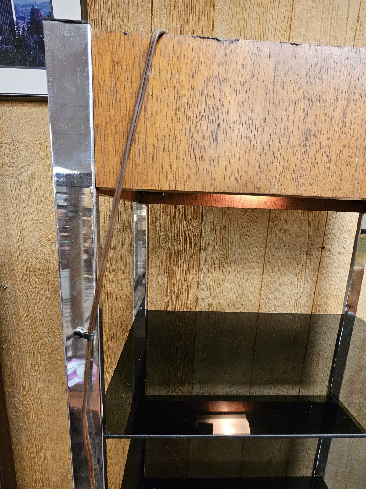 Vtg MCM Chrome & Walnut Post Modern Bookshelf Etagere W Smoky Glass Shelves