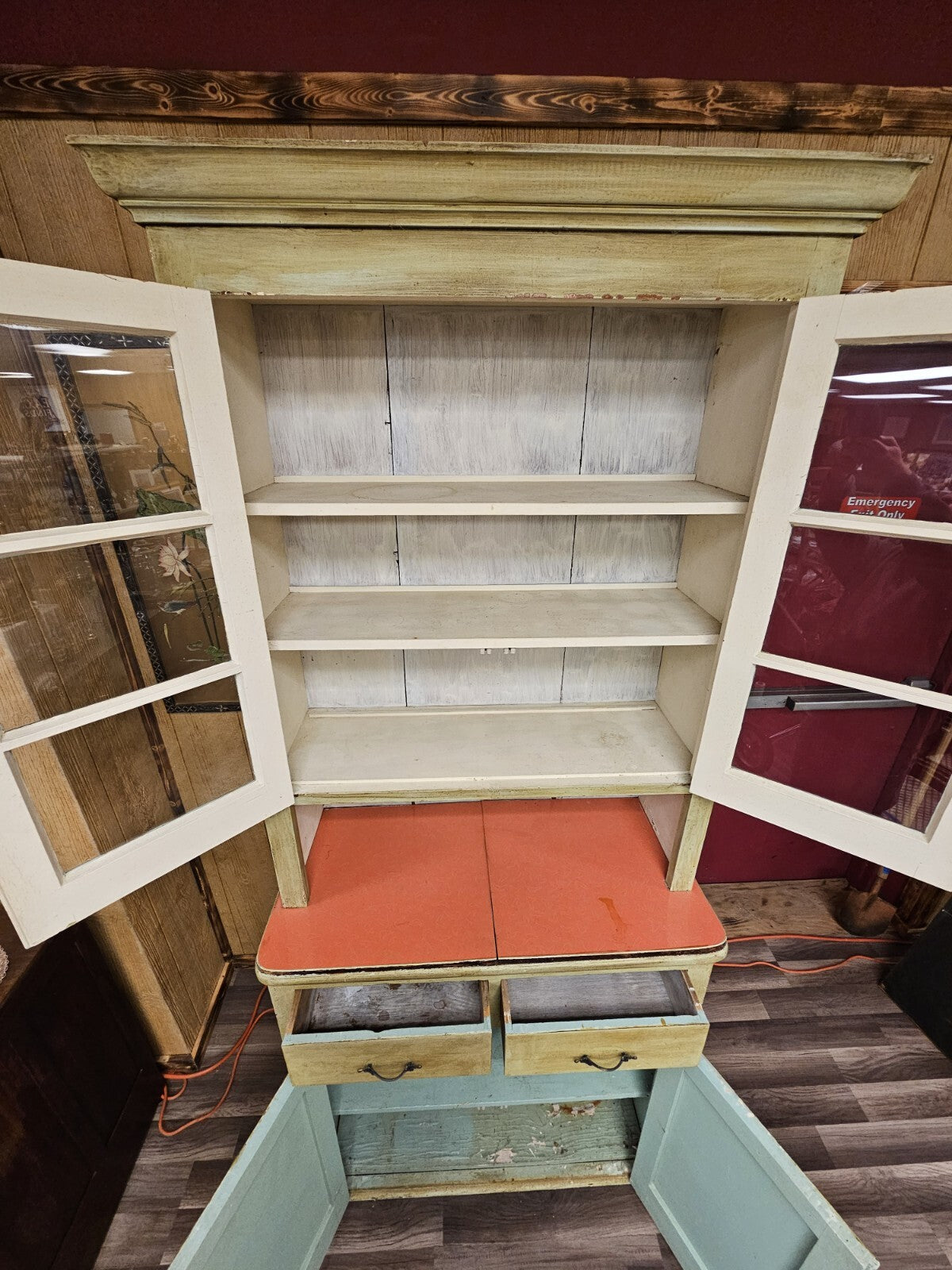 Antique Primitive Southern Country Farm Pine Storage Display Cabinet Green Hutch