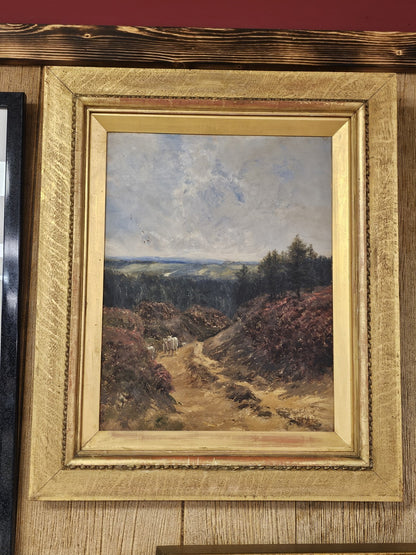 Antique 19th Century Oil On Canvas 3D Painting Original Frame Mountsin Top Scene
