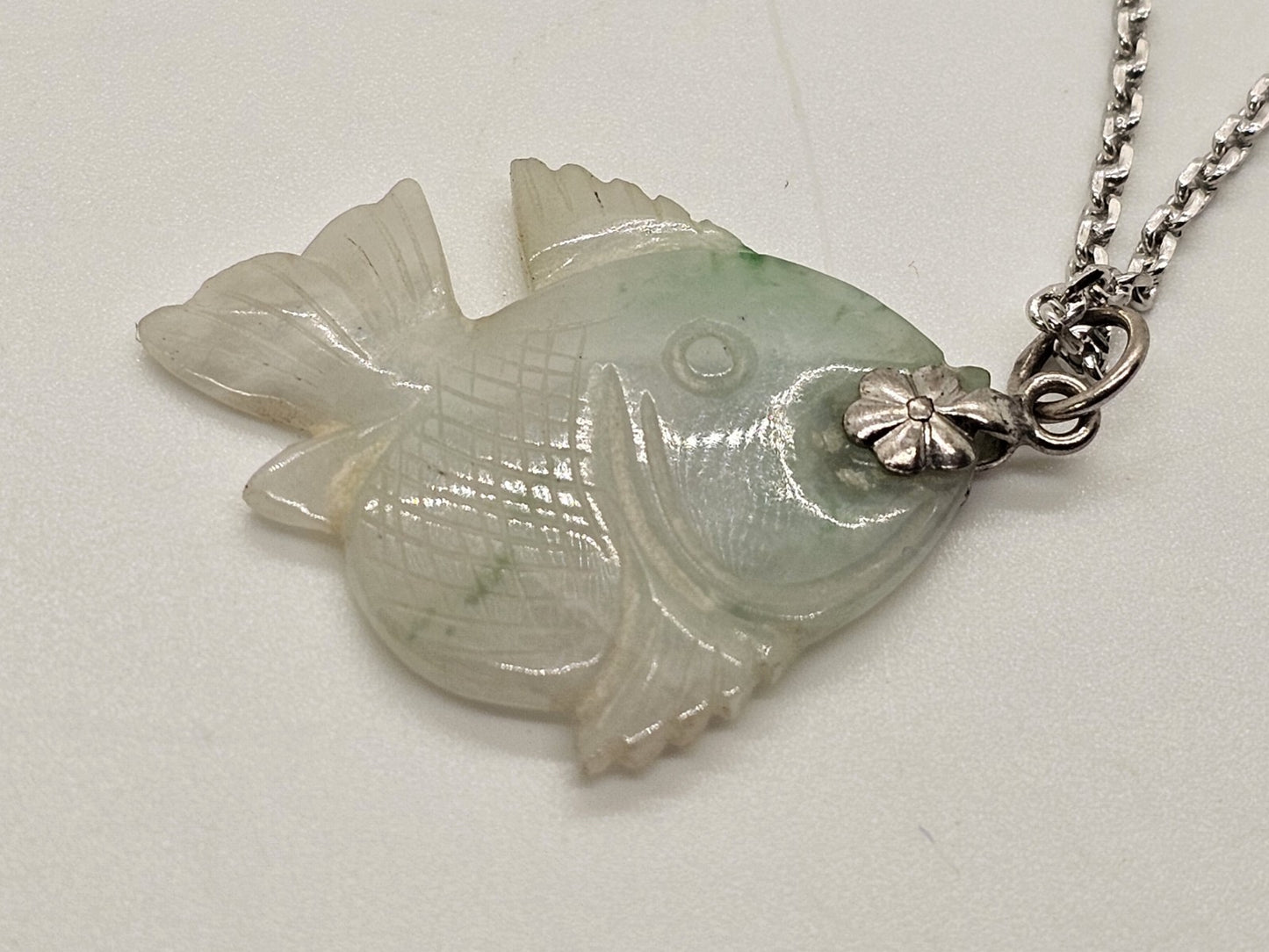 Hand Carved Jade Fish Pendant 1.25" Long On Silver Necklace 17.75" Long
