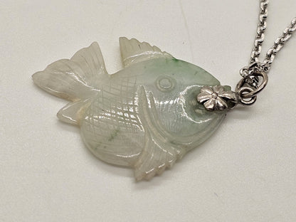Hand Carved Jade Fish Pendant 1.25" Long On Silver Necklace 17.75" Long