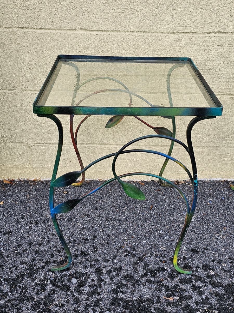 Mid Century Iron Metal Outdoor Nesting Tables w Colorful Leaf Design