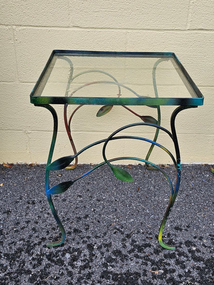 Mid Century Iron Metal Outdoor Nesting Tables w Colorful Leaf Design