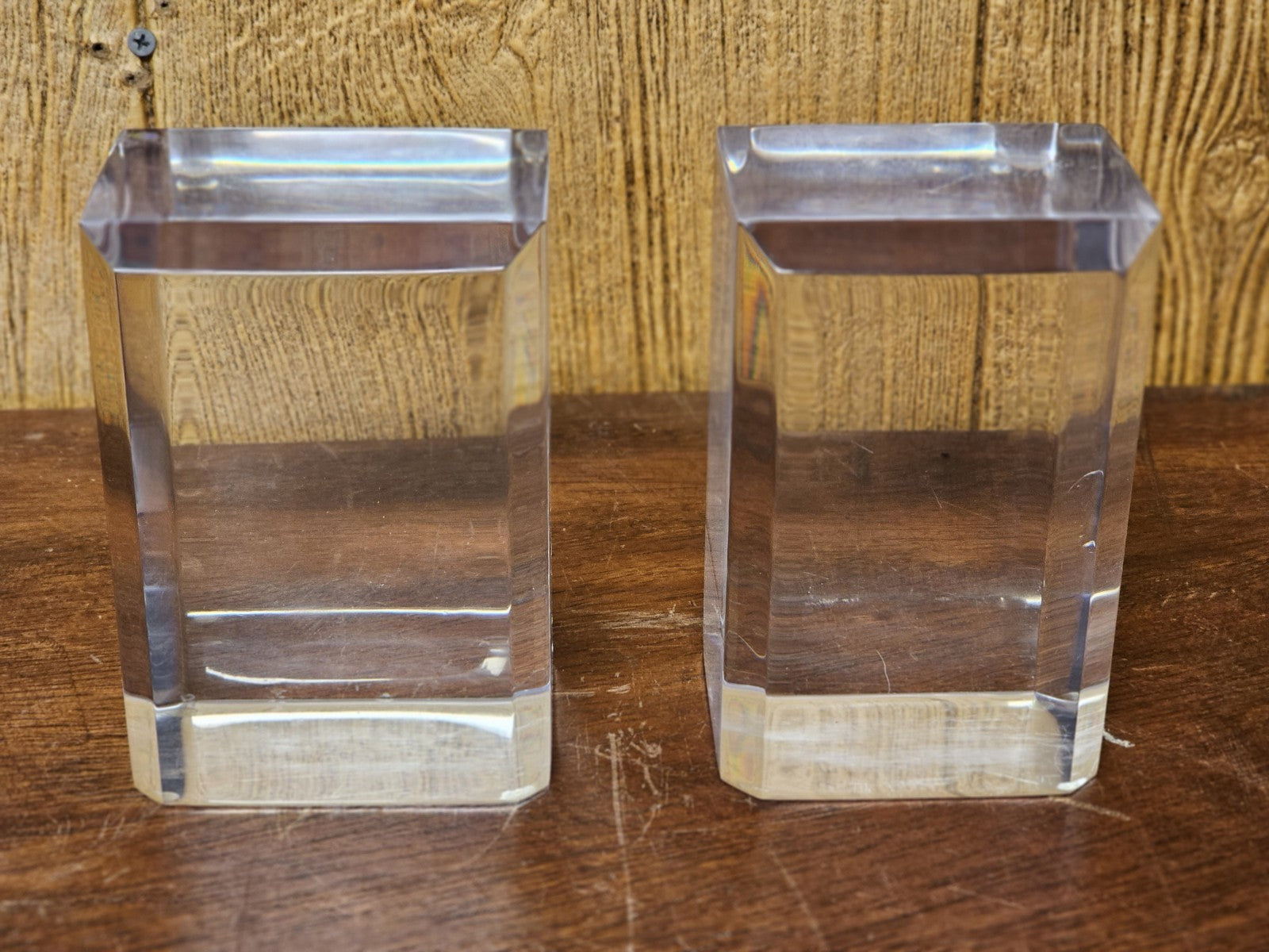 MCM Lucite Acrylic Display Base Pair Block Plateaus 6 In Tall W Beveled Sides
