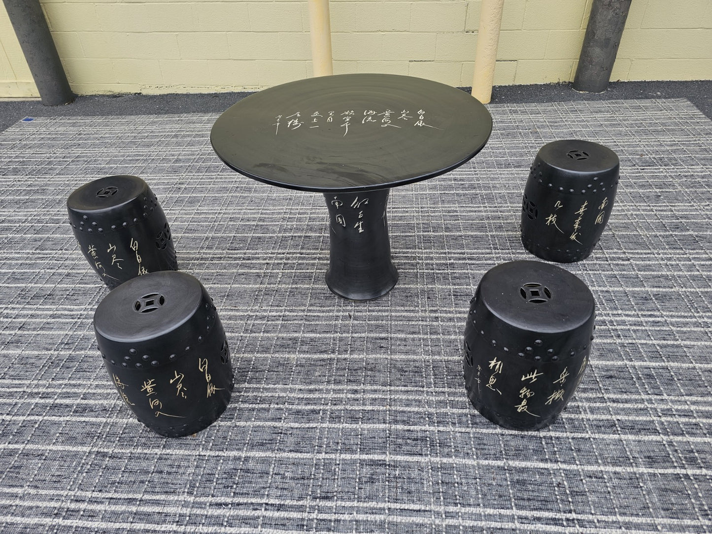 Black Chinese Calligraphy Porcelain Ceramic Round Table & 4 Garden Stool Chairs