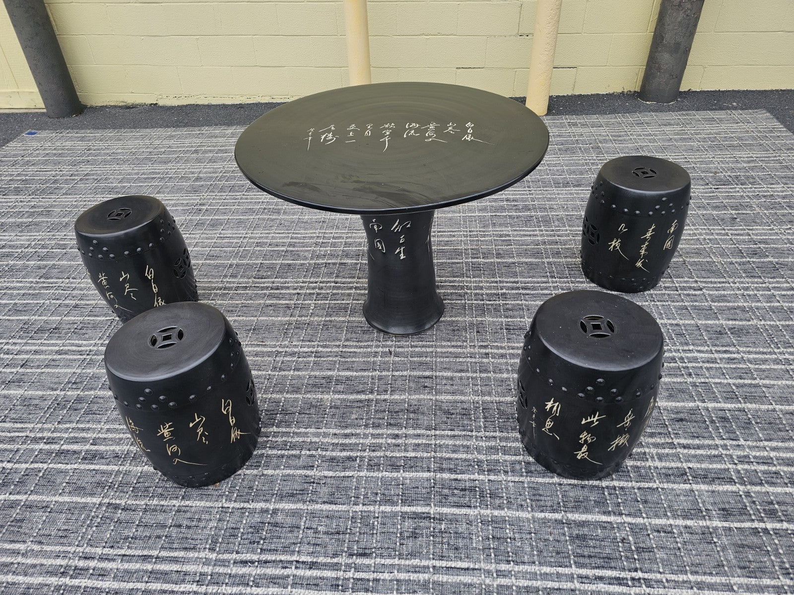 Black Chinese Calligraphy Porcelain Ceramic Round Table & 4 Garden Stool Chairs