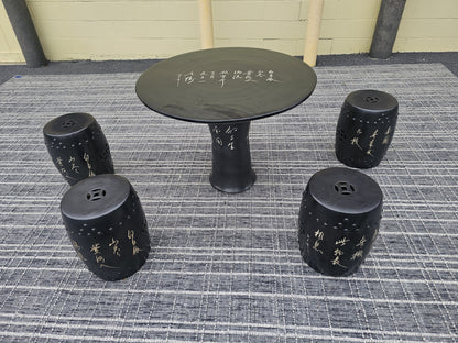 Black Chinese Calligraphy Porcelain Ceramic Round Table & 4 Garden Stool Chairs