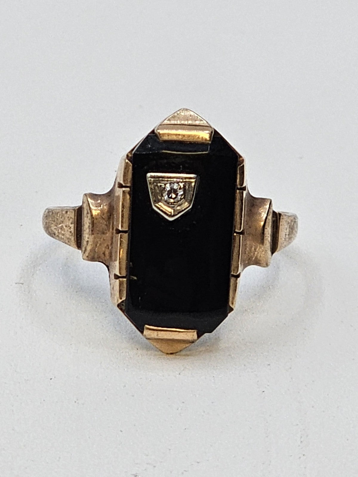 Vtg 10K Yellow Gold Black Onyx Diamond? Clear Stone Ring Size 8 Hallmarked 2.7 G