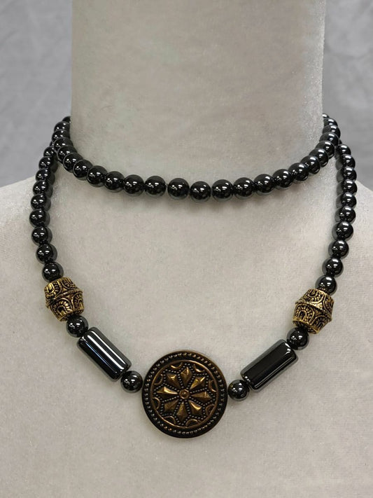 Hematite Beaded Vintage Necklace with Decorative Medallion