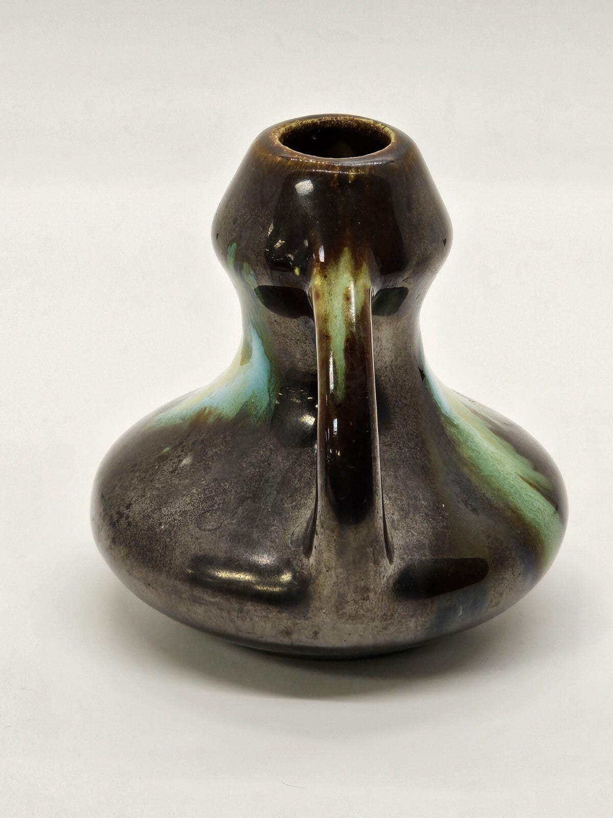 Vtg Belgium Pottery Bud Vase Brown With Green Glaze Double Handle 3.25 In Tall