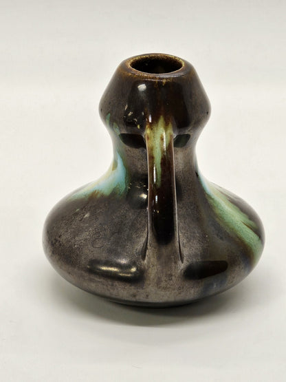 Vtg Belgium Pottery Bud Vase Brown With Green Glaze Double Handle 3.25 In Tall