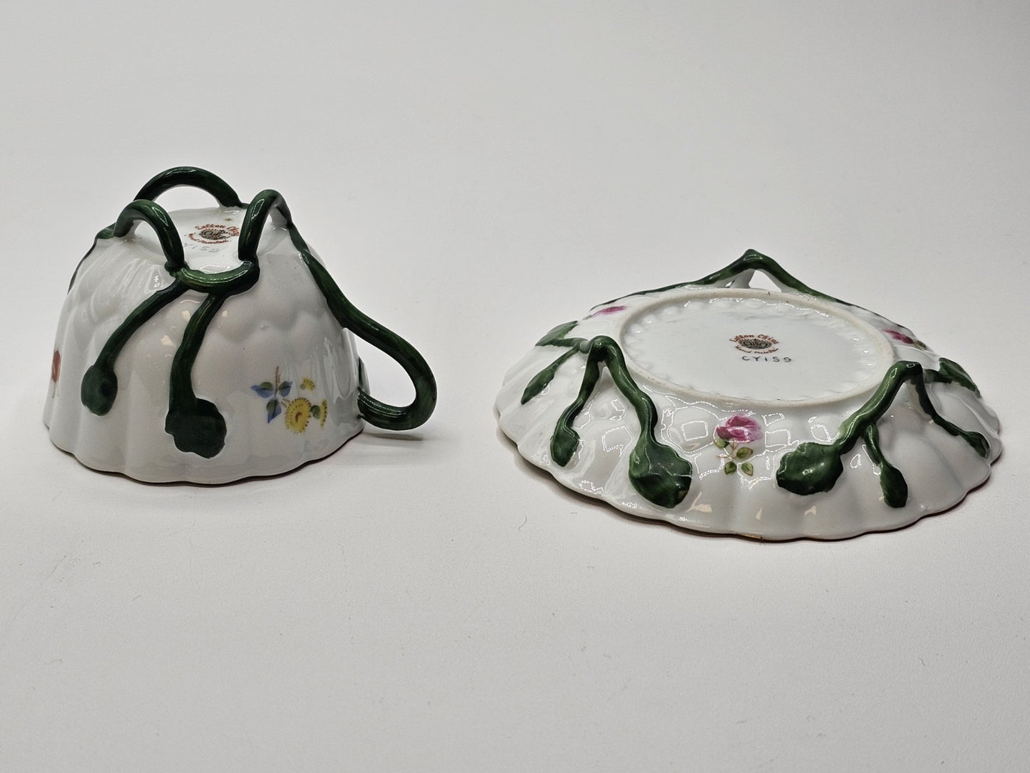 Lefton Porcelain Tea Cup & Saucer Hand Painted Footed Scalloped Edges 