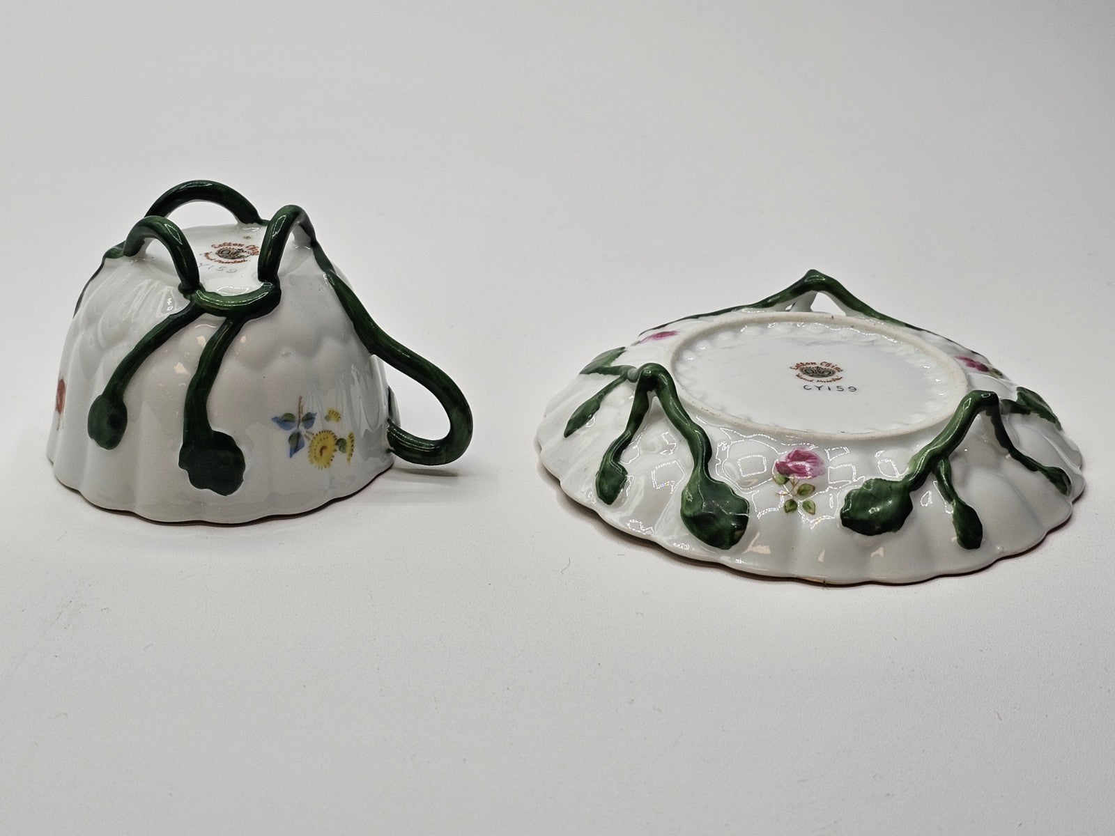 Lefton Porcelain Tea Cup & Saucer Hand Painted Footed Scalloped Edges 