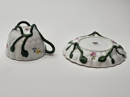 Lefton Porcelain Tea Cup & Saucer Hand Painted Footed Scalloped Edges 