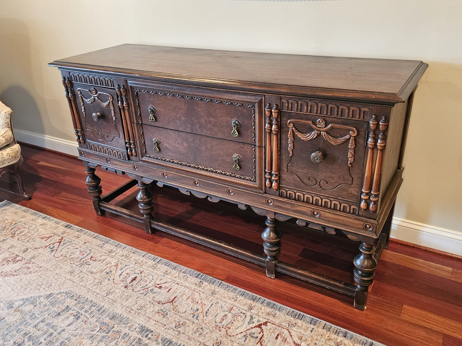 Antique Jacobean Walnut Sideboard Ornately Carved Buffet Server W Brass Hardware
