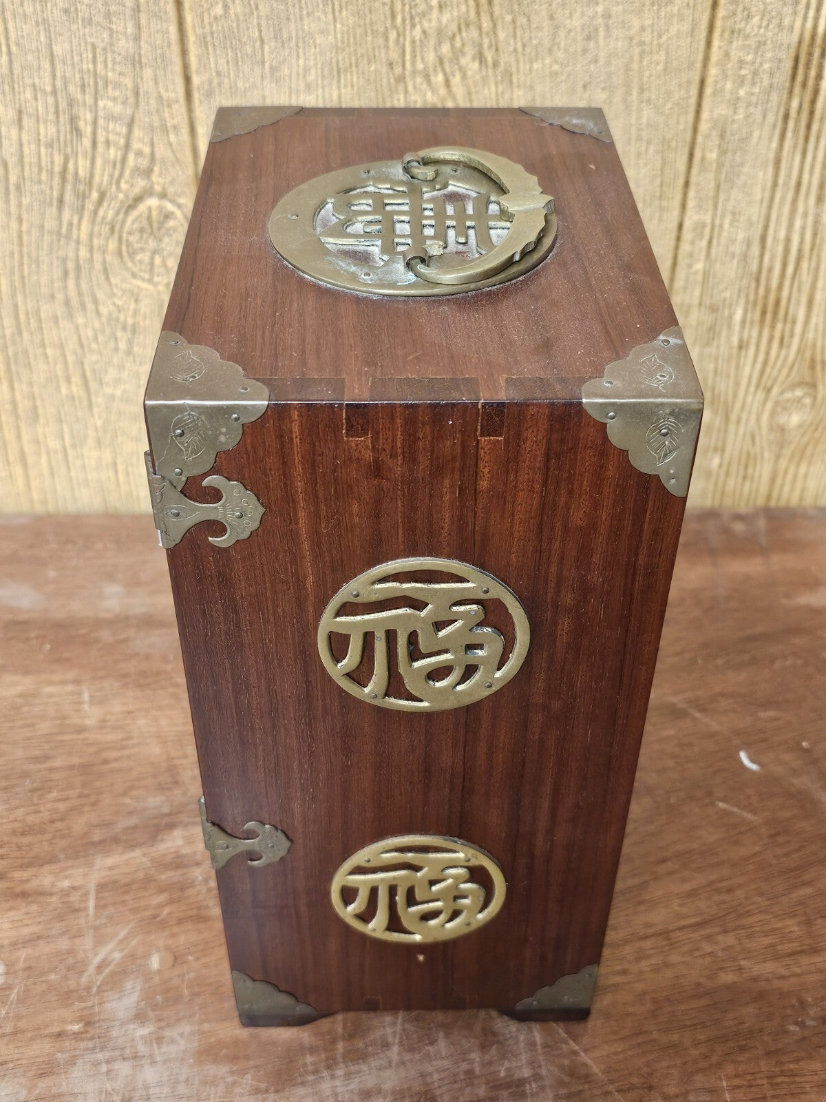 Vtg Chinese Real Wood 5 Drawer Jewelry Box With Brass Pulls & Lock 12 " Tall