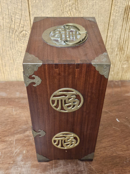 Vtg Chinese Real Wood 5 Drawer Jewelry Box With Brass Pulls & Lock 12 " Tall