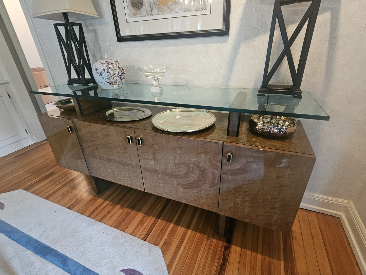 MCM Bernhardt Curly Maple Post Modern Dining Set Sideboard Curio Table & Chairs