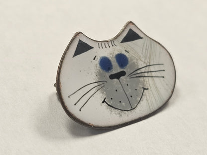 Vtg Nanci Mid Century Enamel On Copper Pin Brooch White Cat Face MCM Signed
