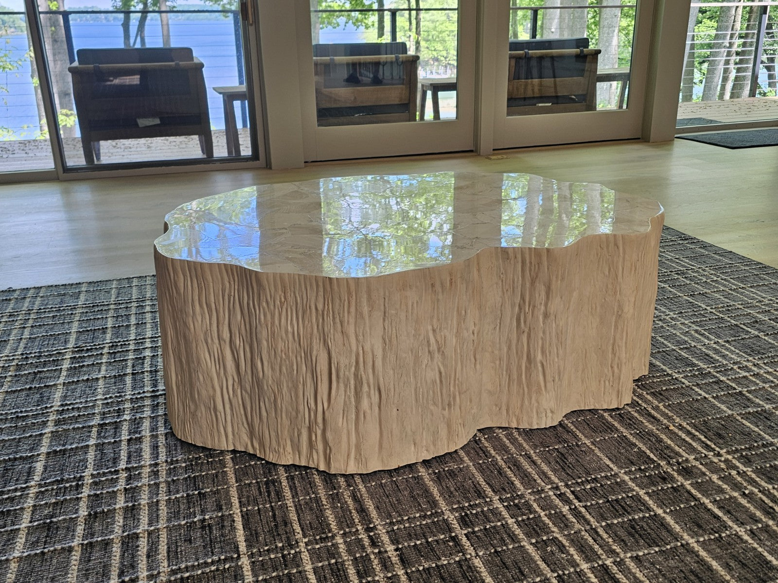 Fossilized Clam Shell Coffee Table On Cast Natural Tree Trunk Base By Camilla