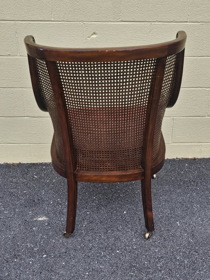 Vtg Regency Style Bergere Cane & Leather Armchair W Original Brass Casters 