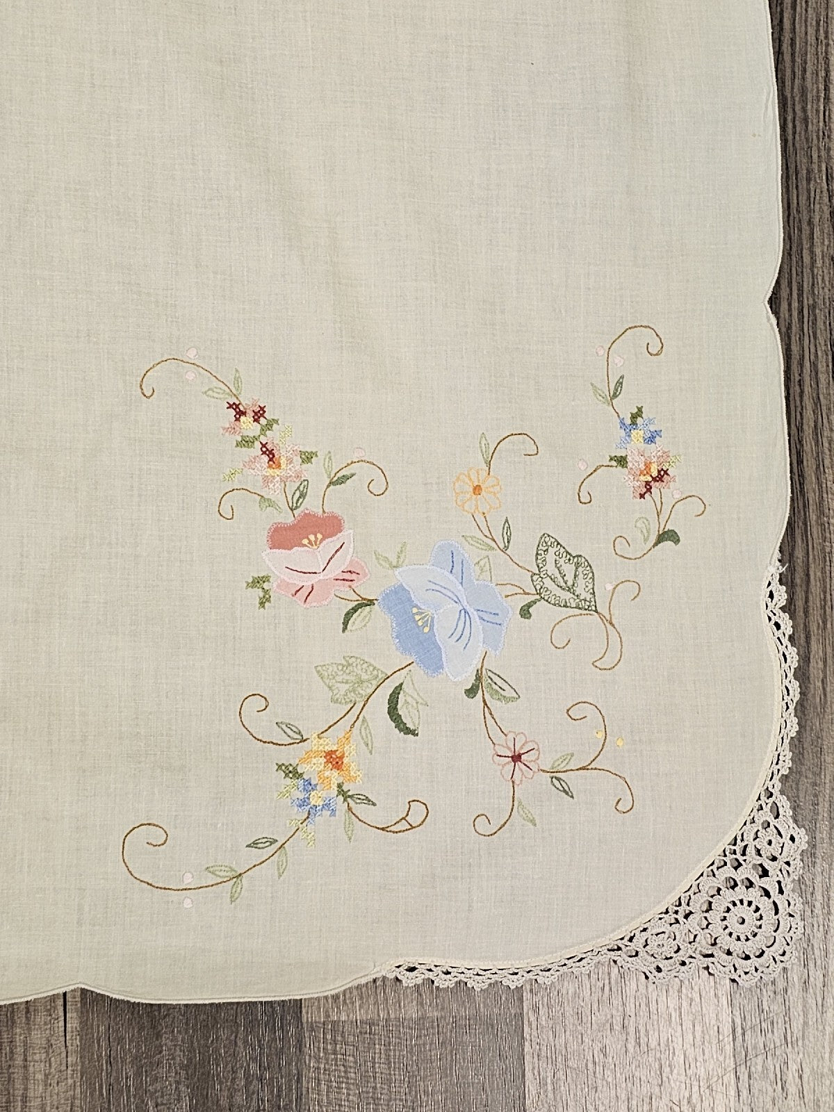 Vintage Handmade Linen Needlepoint Floral Table Cloth Cross Stitched 80" X 64"