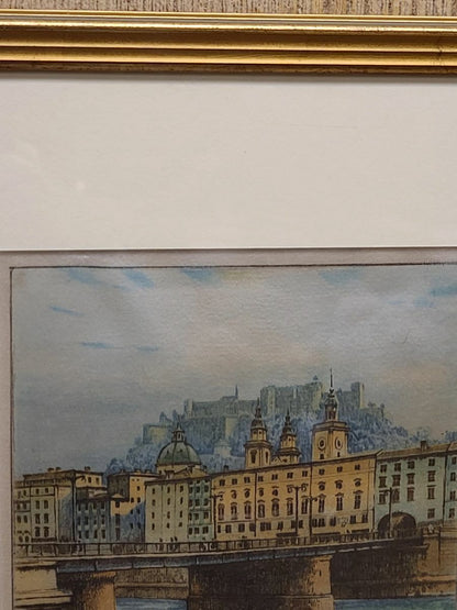 Original Signed European Etching on Silk of Salzburg by Ludwig Burgel