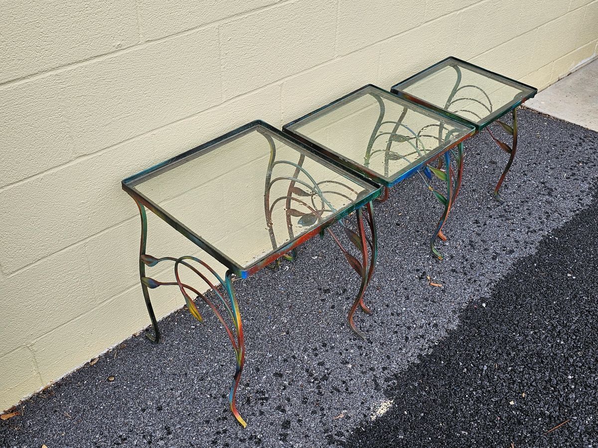 Mid Century Iron Metal Outdoor Nesting Tables w Colorful Leaf Design