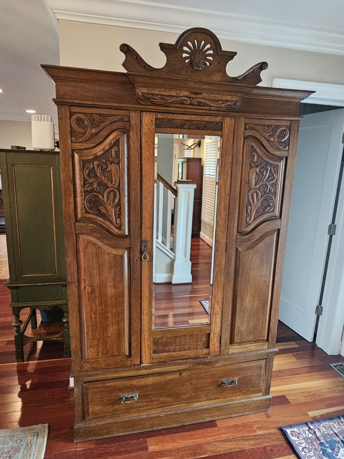 Antique 19th Century Hand Carved Oak Wardrobe W Phoenix Portable Cabinet Closet