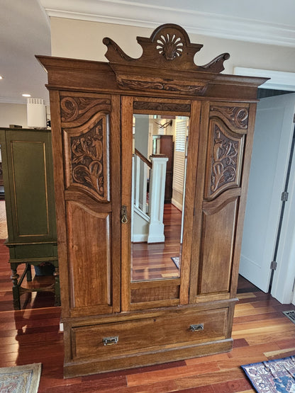 Antique 19th Century Hand Carved Oak Wardrobe W Phoenix Portable Cabinet Closet