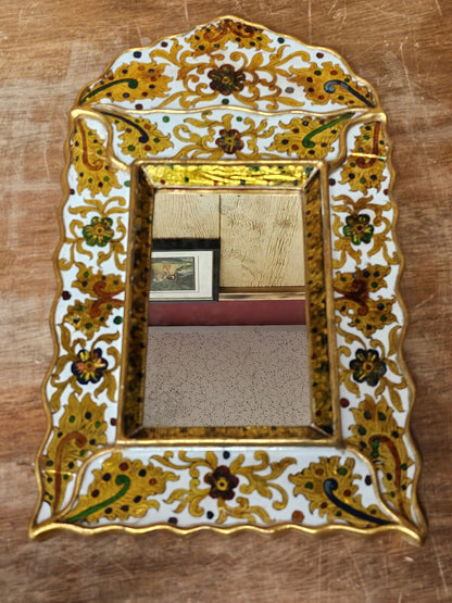 Vtg Reverse Hand Painted Glass Mirror On Wood With Gold Leaf & Ornate Medallions