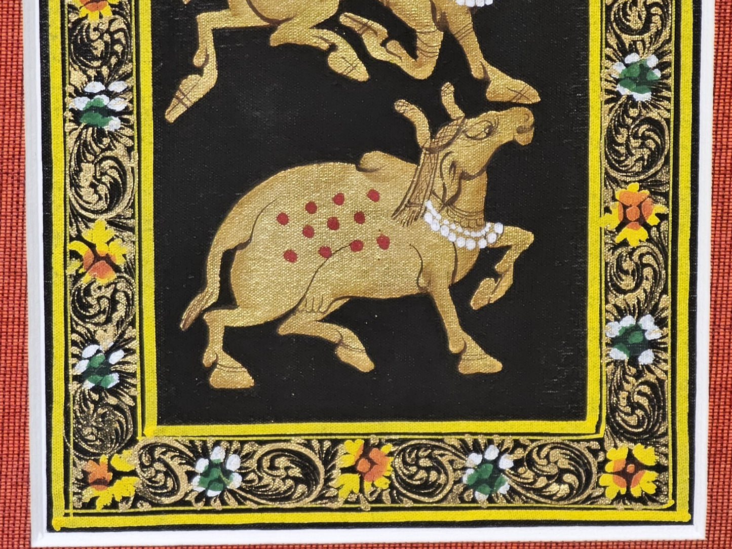 Rajasthani Style Indian Persian Framed Animal Procession Hand Painted On Silk