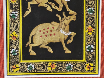 Rajasthani Style Indian Persian Framed Animal Procession Hand Painted On Silk