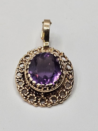 Vtg 14k Yellow Gold Purple Amethyst Statement Pendant 5.2 Grams Appx 1.25 In