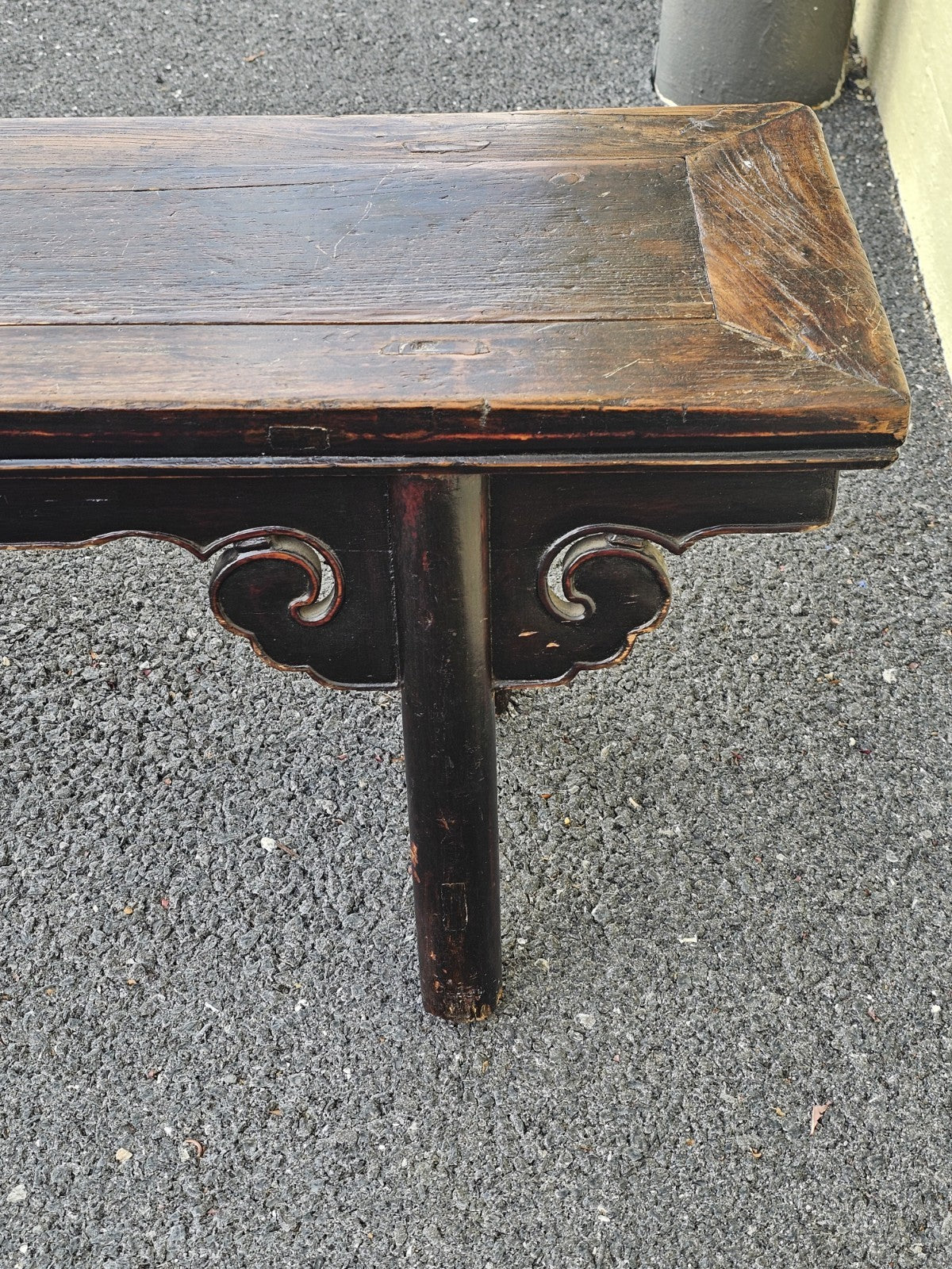 19th Century Antique Chinese Elm Wood Carved Short Table Bench Tongue & Groove