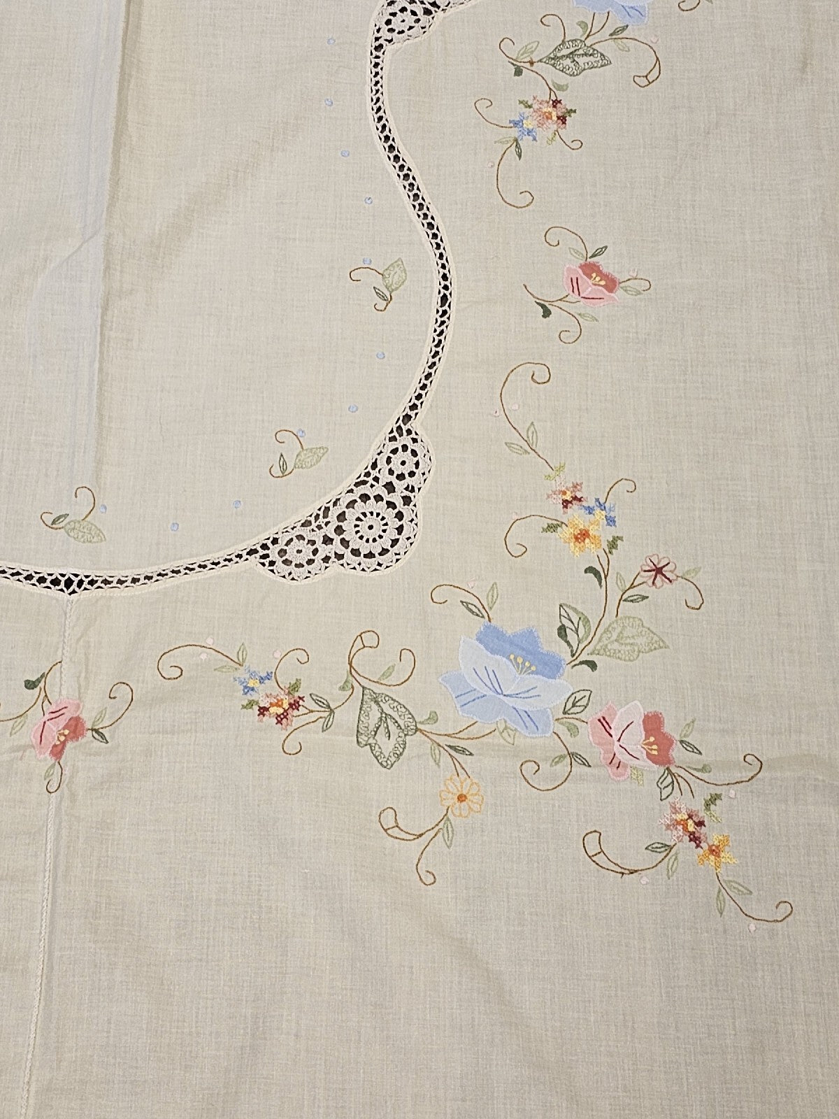 Vintage Handmade Linen Needlepoint Floral Table Cloth Cross Stitched 80" X 64"