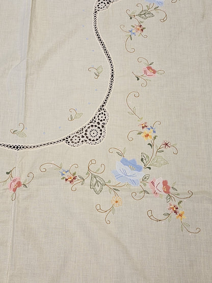 Vintage Handmade Linen Needlepoint Floral Table Cloth Cross Stitched 80" X 64"