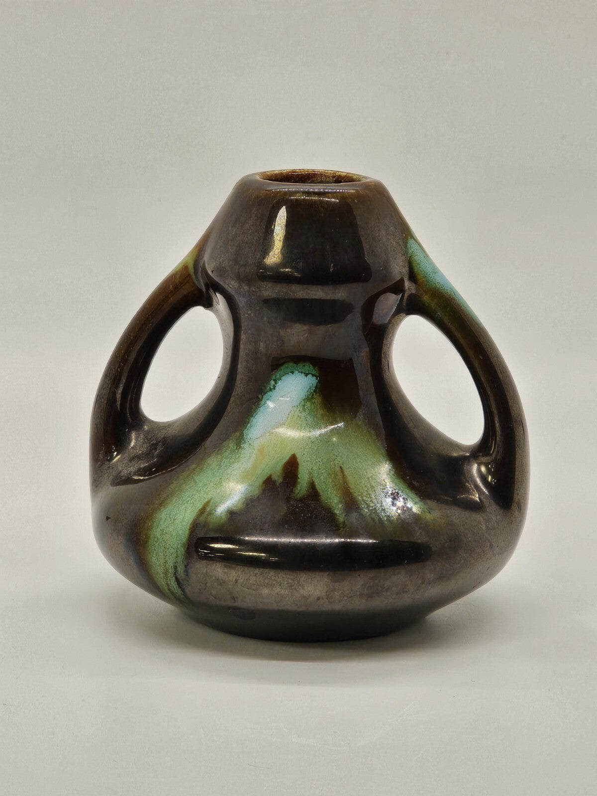 Vtg Belgium Pottery Bud Vase Brown With Green Glaze Double Handle 3.25 In Tall