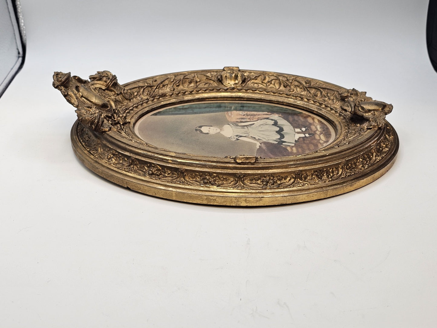 Antique Mid 19th Century Hand Colored Photo In Ornate Gold Gilt Deepwell Frame 