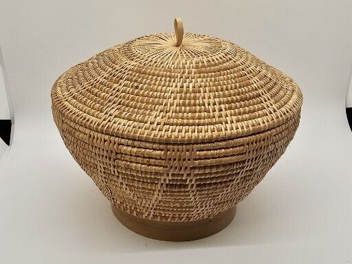 Native American? Hand Woven Lidded Coil Basket Great Quality 6" Tall X 8" Wide