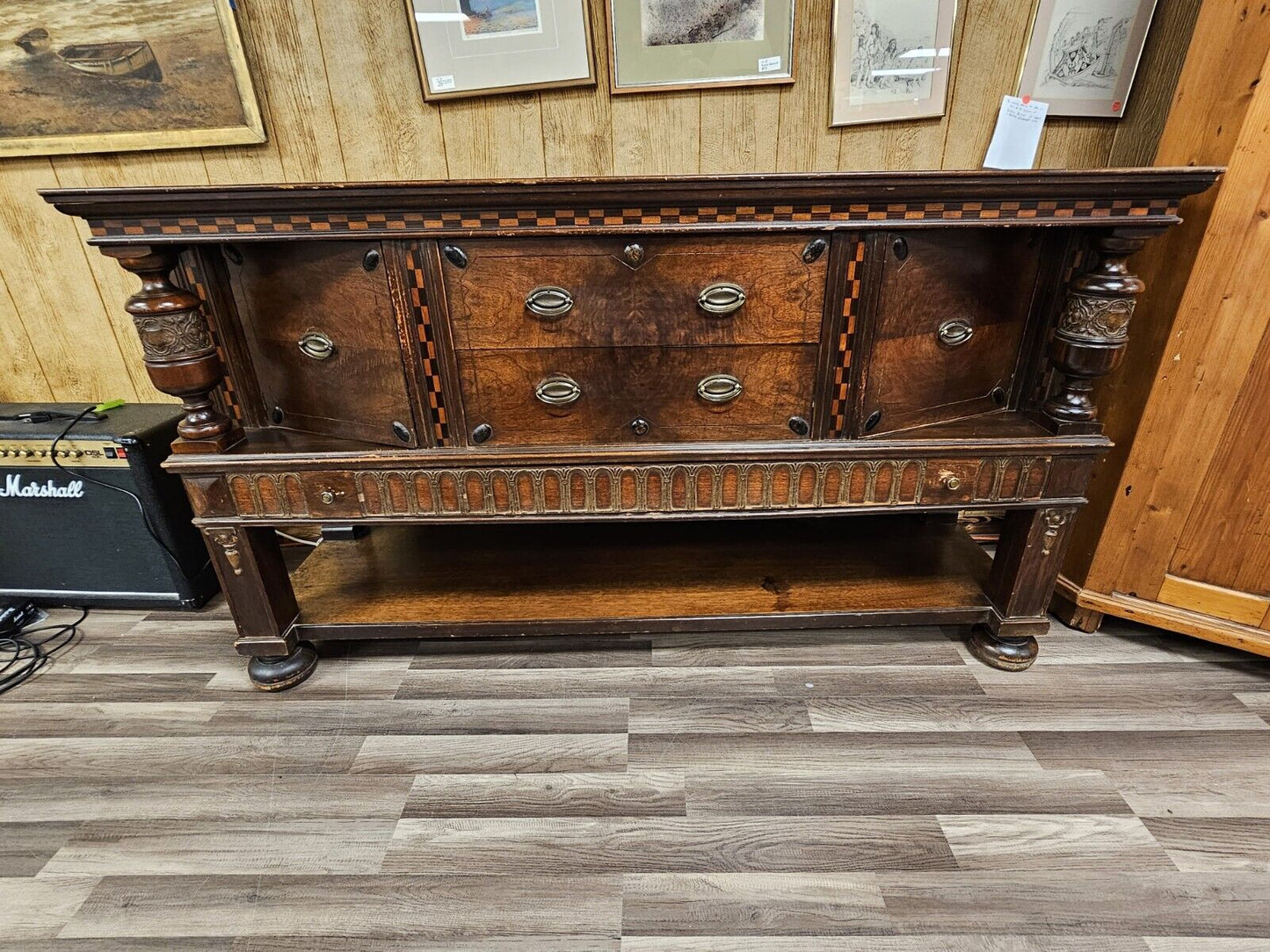 Antique Oak Sideboard Cabinet W Carved Columns & Checkered Inlay 3 Drawers