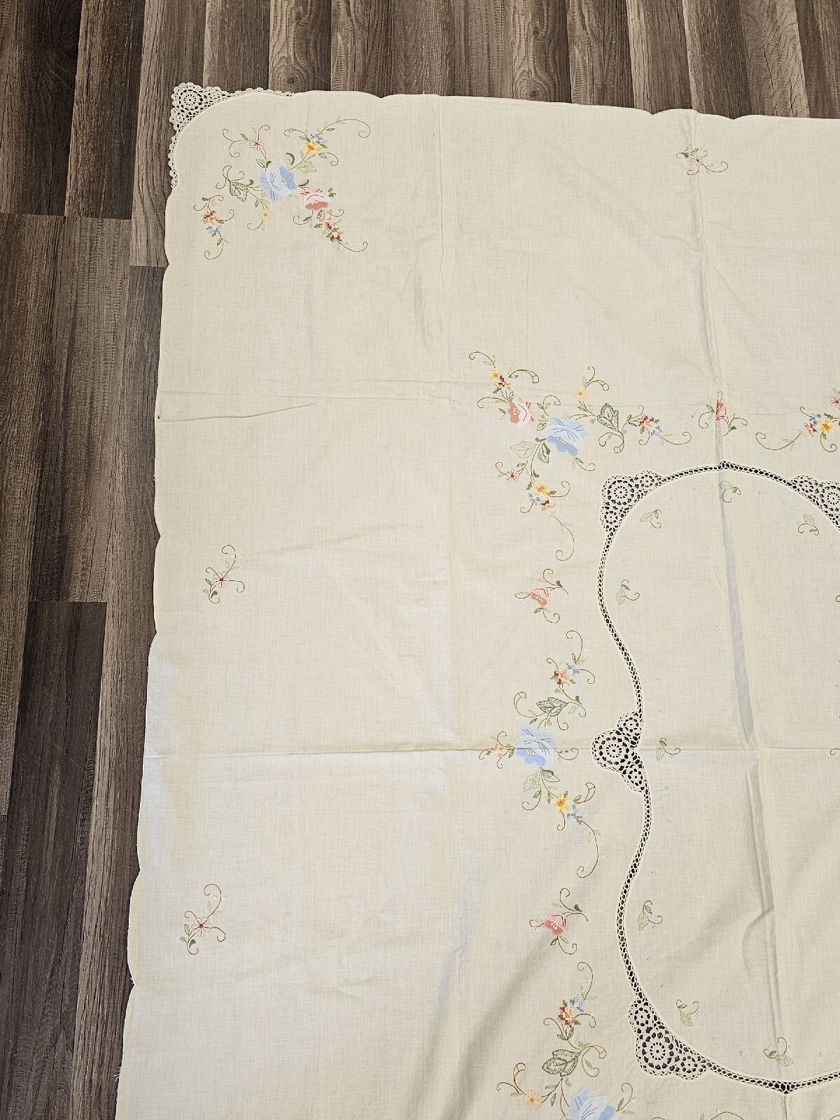 Vintage Handmade Linen Needlepoint Floral Table Cloth Cross Stitched 80" X 64"