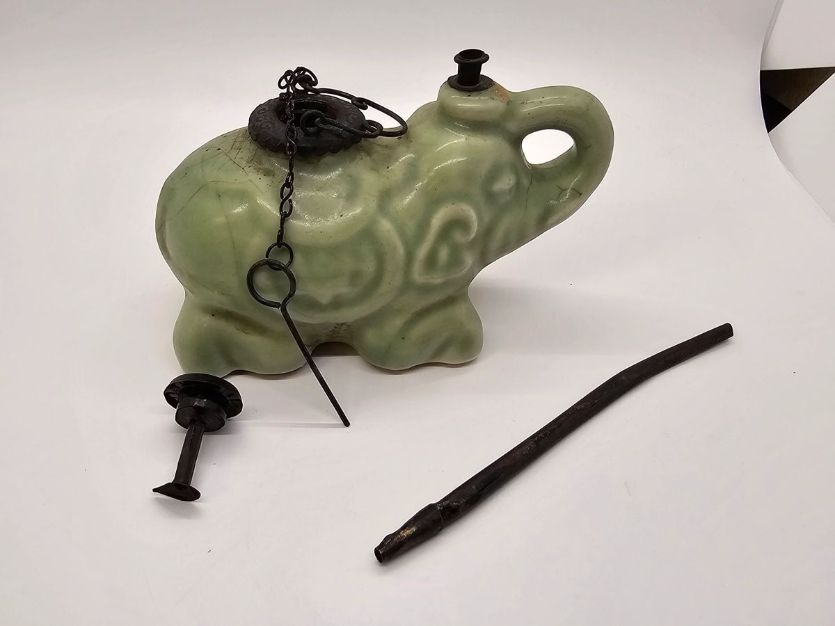 Antique Asian Porcelain Green Elephant Oil Lamp