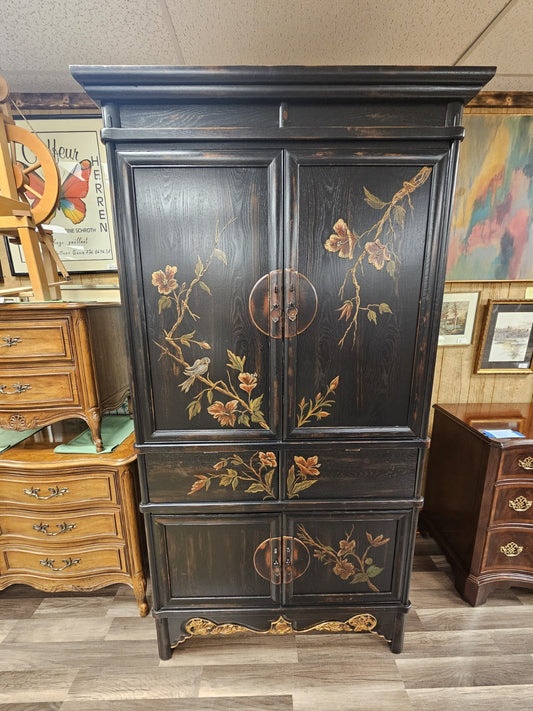 Modern Hand Painted Asian Armoire Storage Cabinet Closet Well Made Heavy