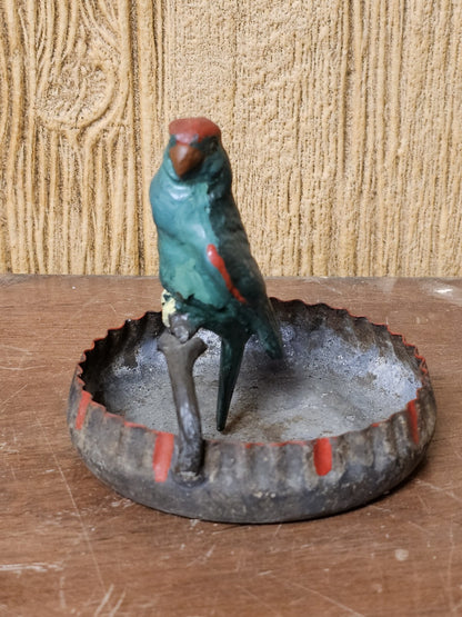 Vtg Metal Tin Bird Parrot Ashtray Hand Painted 4 Inch Wide